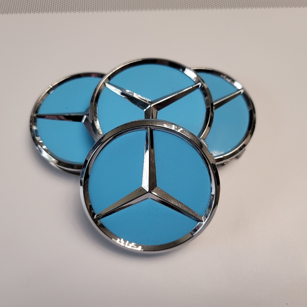 4 SKY BLUE WHEEL CENTER HUB CAPS EMBLEM FITS MERCEDES BENZ 75MM
